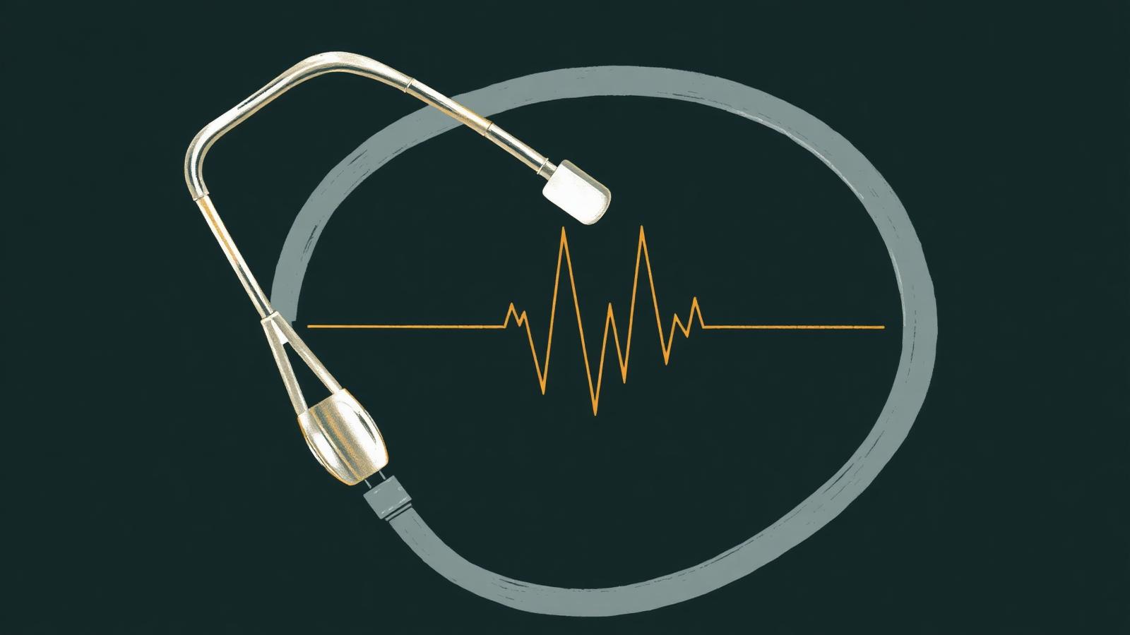Ilustração editorial de um estetoscópio envolvendo uma onda de ECG